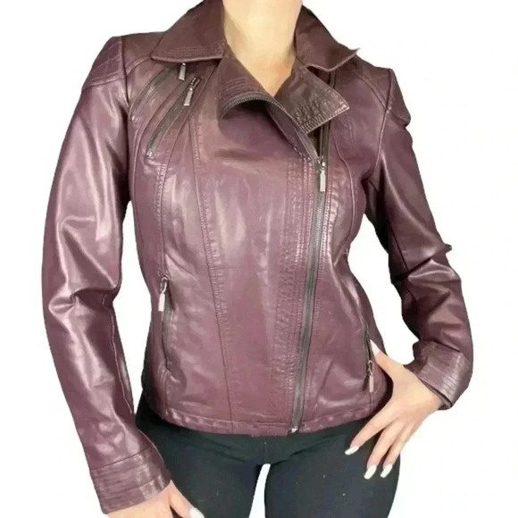 Ricki’s Faux Leather Jacket Moto Biker Vegan Burgundy Oxblood Plum Maroon Size 4 - Picture 1 of 15
